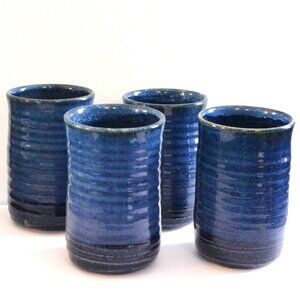 Set Of Four Handmade Pottery Tumblers Blue In Color Maker's Name On Bottom